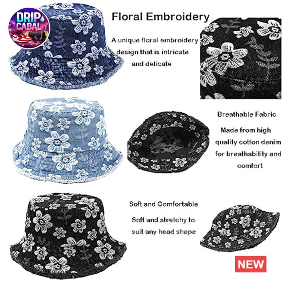 Vintage Cotton Denim Bucket Hat with Floral Embroidery and Pocket main image 4